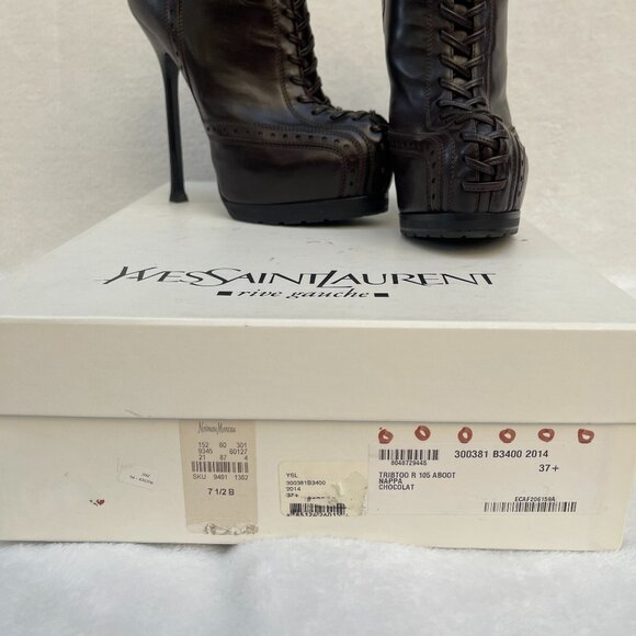 Auc YSL Tribtoo Brown Leather Platform Ankle Booties Boot 7,5 - Picture 11 of 14